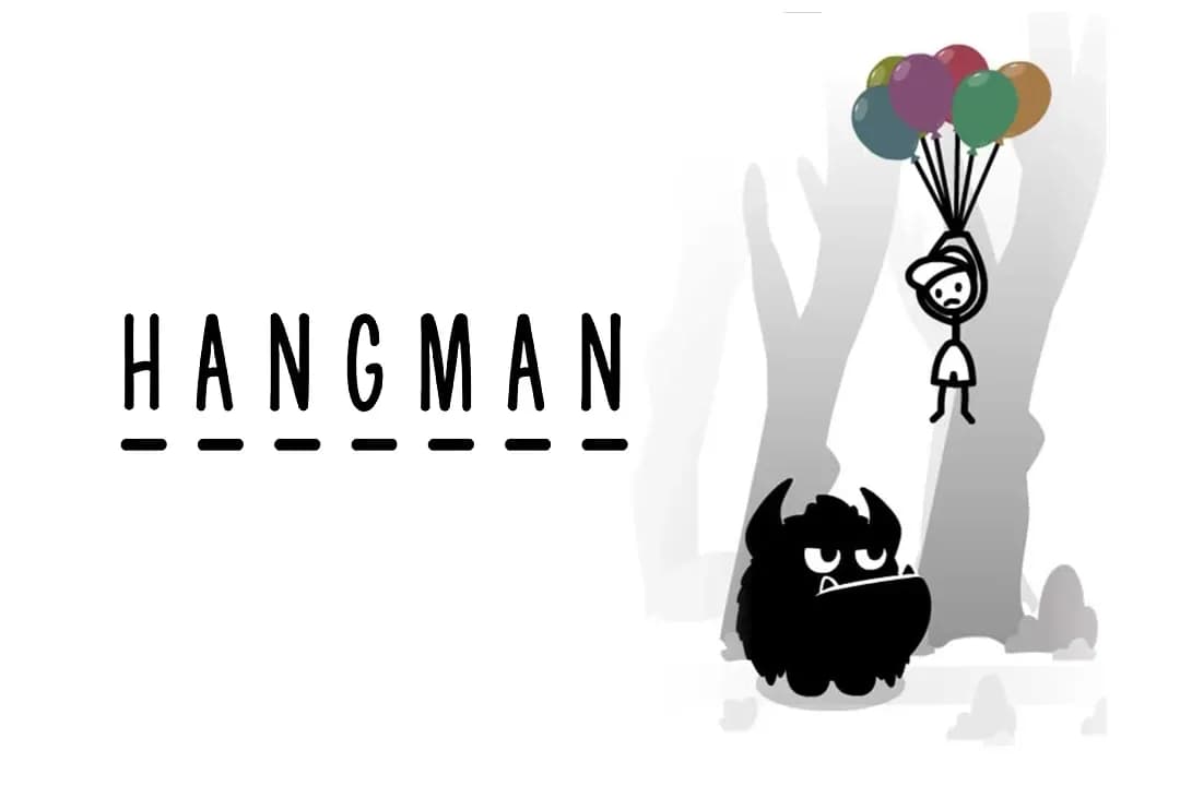 Hangman game logo with the word hangman spelled over blanks and a boy hanging from balloons over a beast